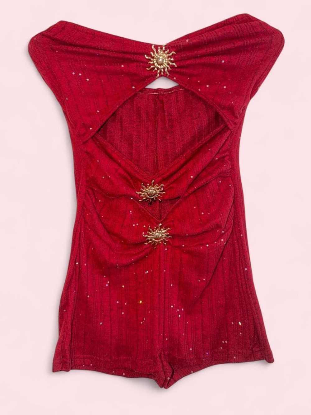 Red Strapless Embellished Knit Romper